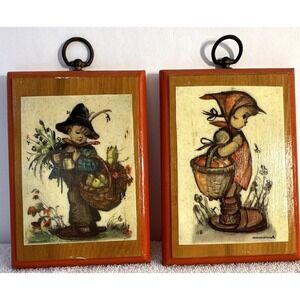 M J Hummel Wood Wall Plaques Boy & Girl Country Deco Lot Of 2 Vintage